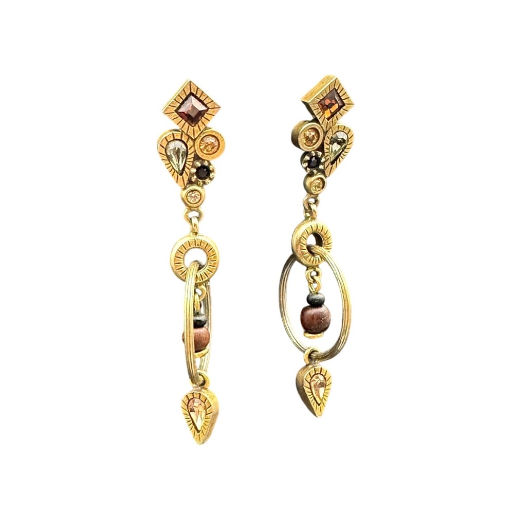 Vintage Patricia Locke Antique Gold Tone Crystal Geometric Dangle Earrings